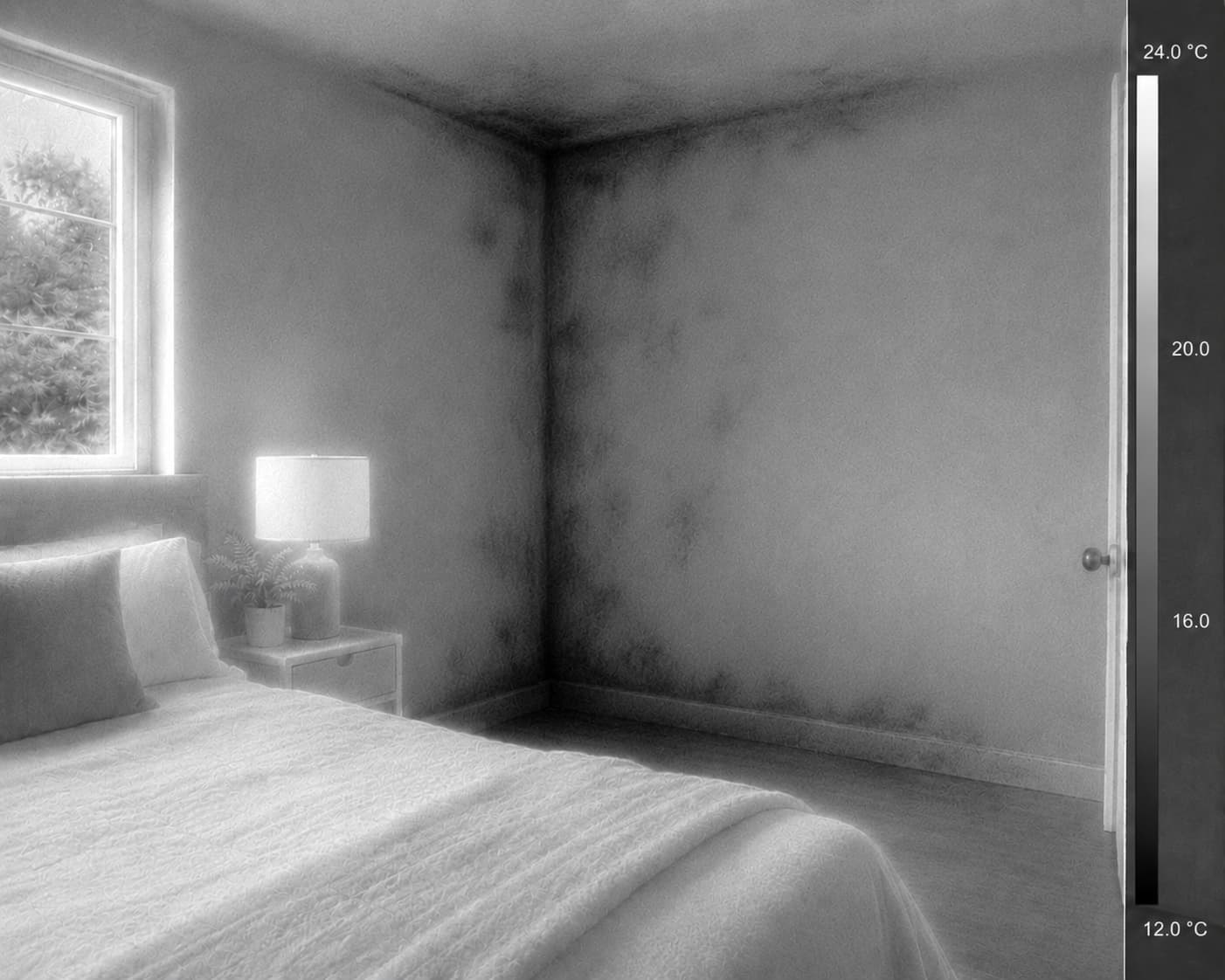 Thermal image of the same bedroom revealing cold damp areas consistent with moisture and mould risk