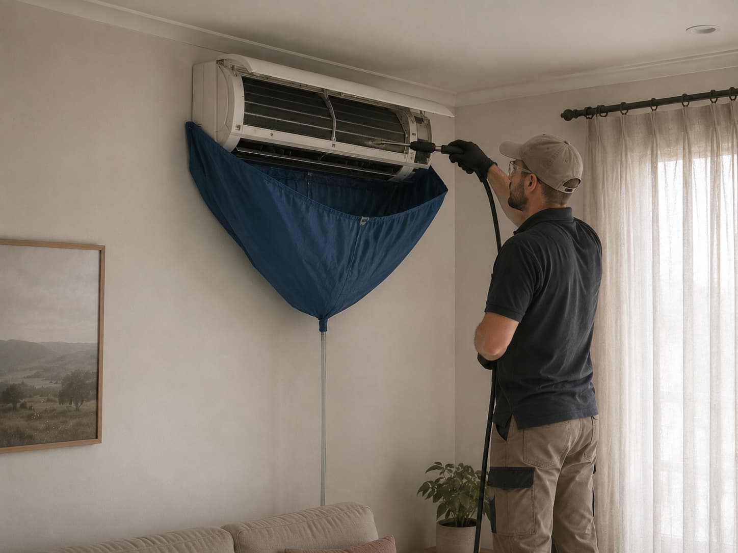 HVAC technician deep-cleaning a split-system air conditioner with a catch-bib and pressure wand