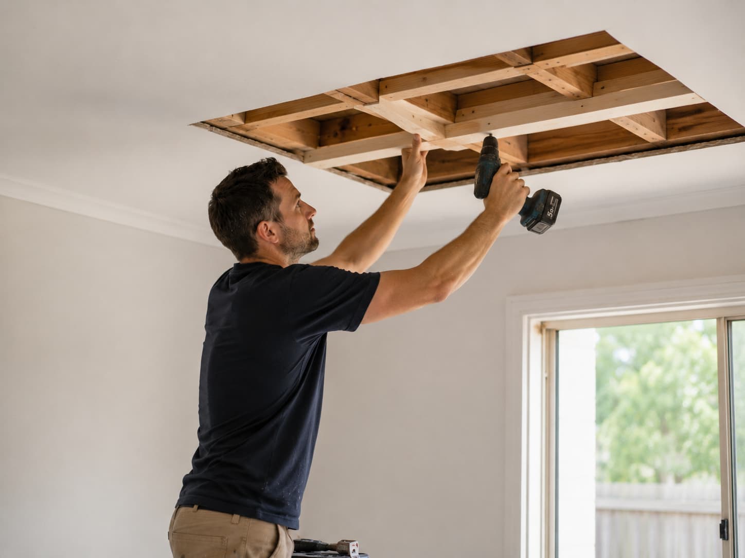 Carpenter installing replacement ceiling joists in an opened ceiling cavity