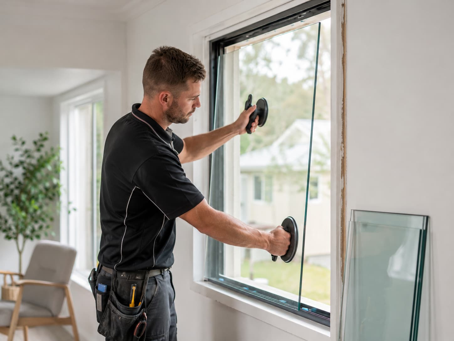 Glazier carrying a glass panel into a window frame for replacement