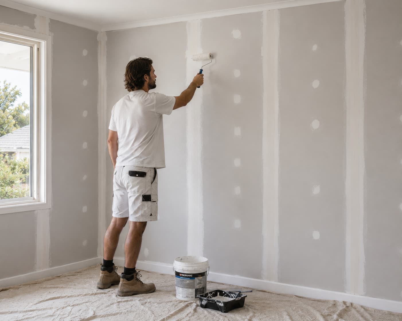 Painter applying primer over patched and set plasterboard joins after remediation