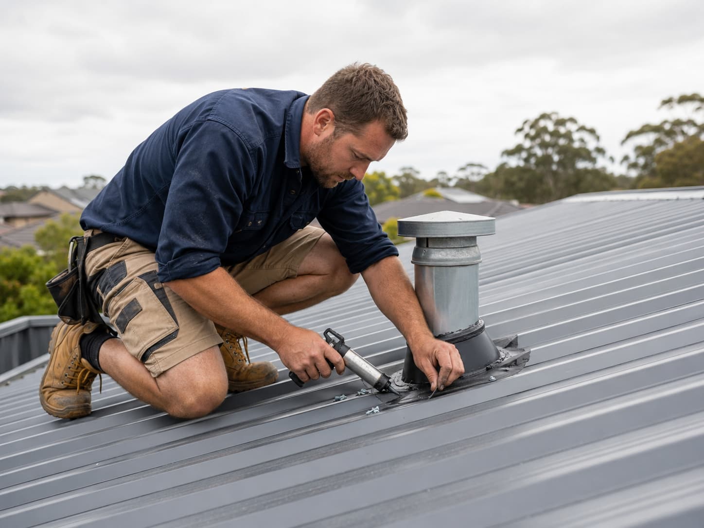 Roofer re-sealing a roof penetration on a colorbond metal roof