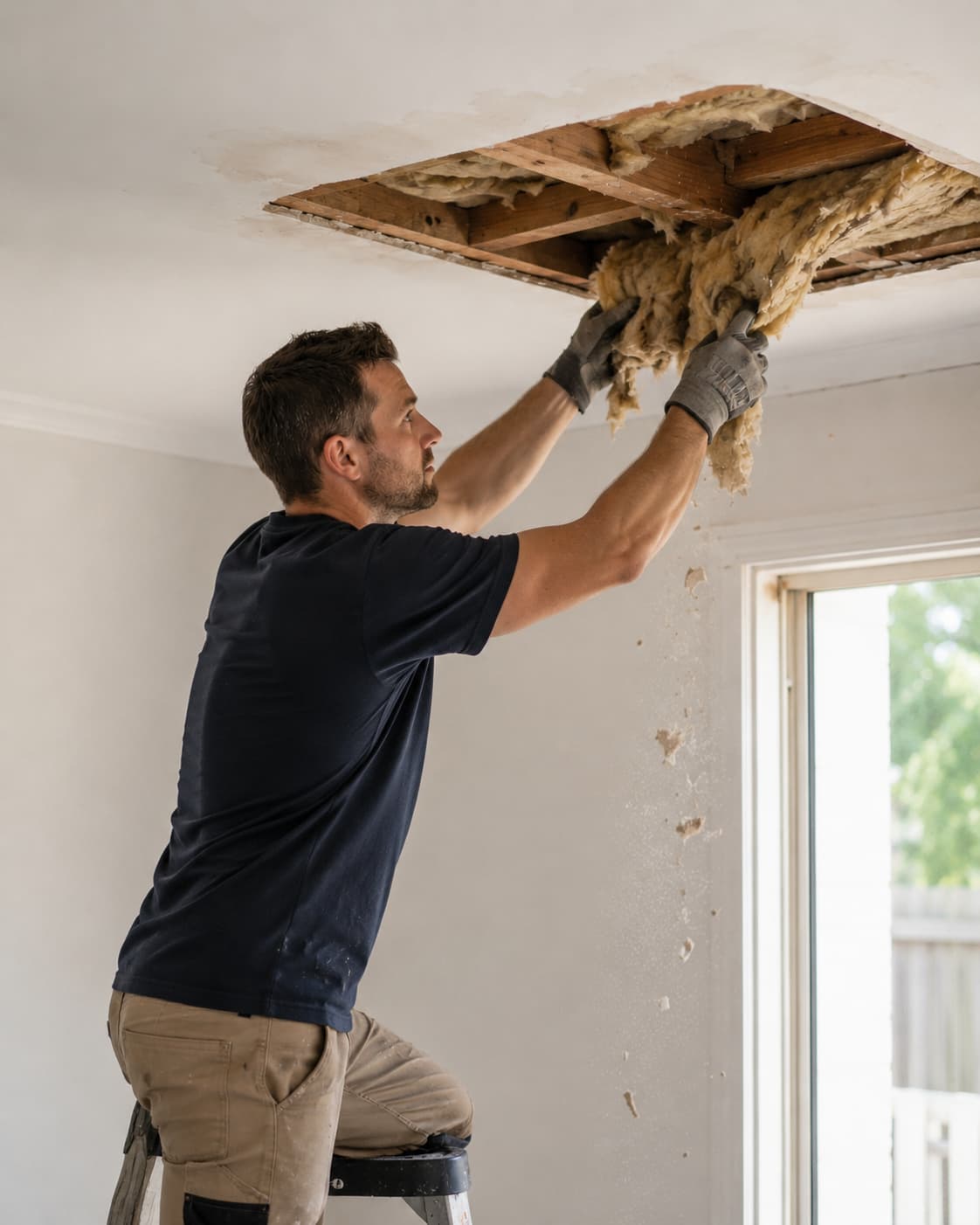 Tradie removing damaged batt insulation from an opened ceiling cavity