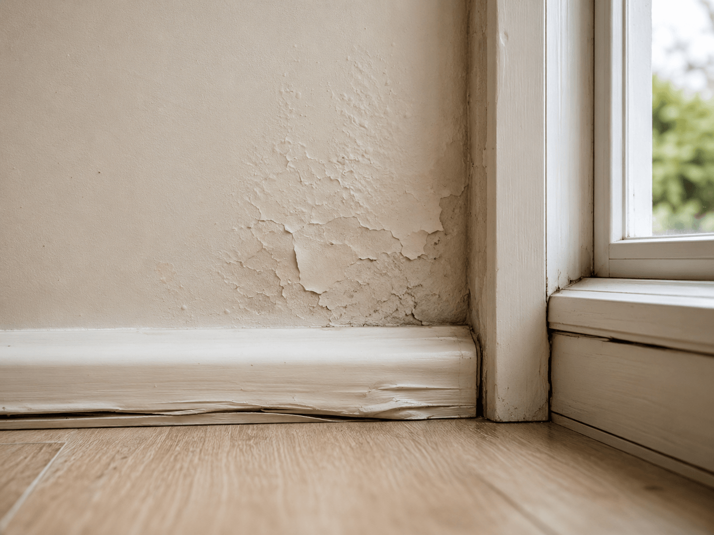 Splitting paint and damaged plaster caused by moisture