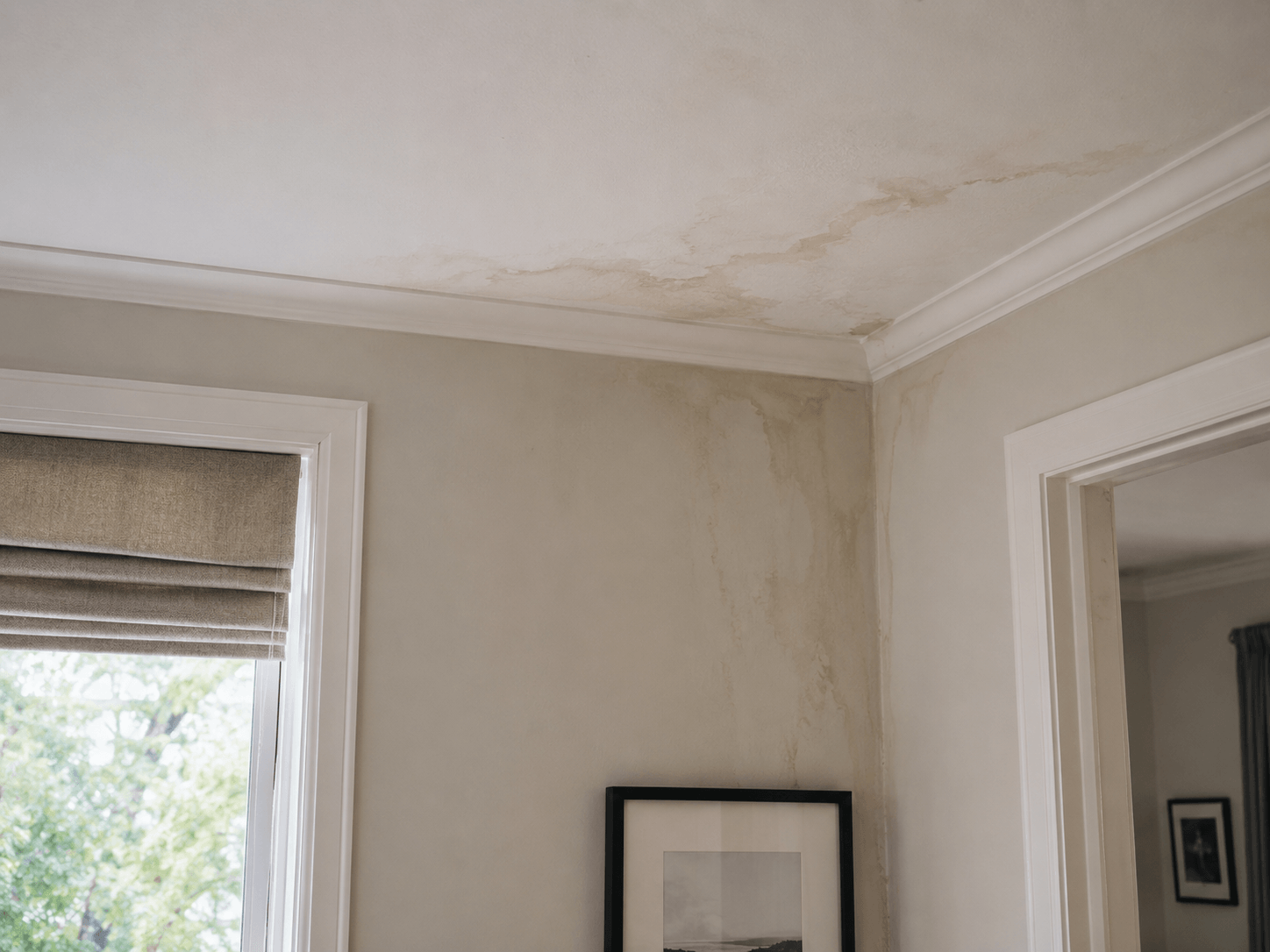 Water staining on a ceiling and wall surface